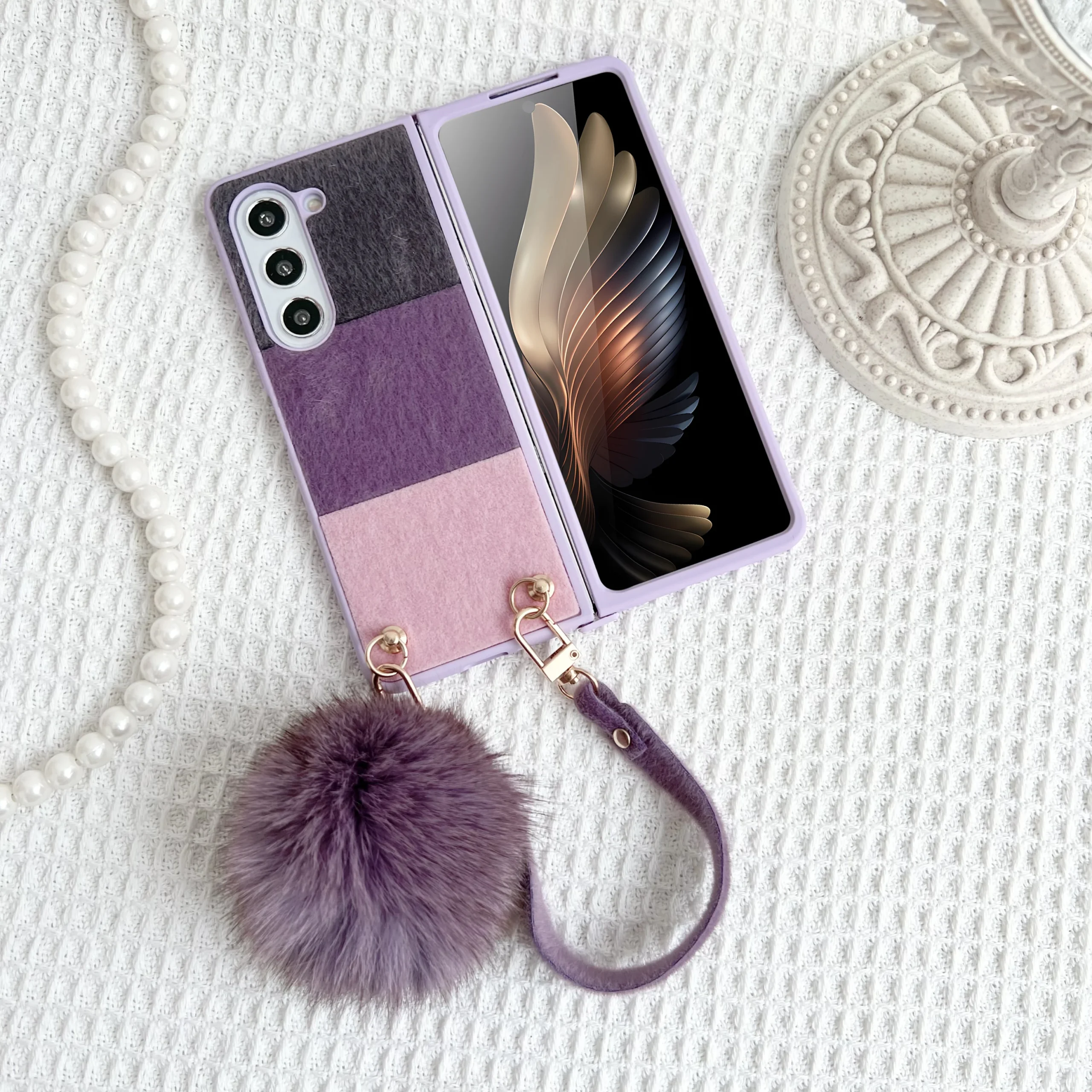 For Samsung Galaxy Z Fold 5 4 3 Case Skin Friendly Color Splicing Soft Edge Plush Ball Wrist Strap Folding Shockproof Hard Cover 1