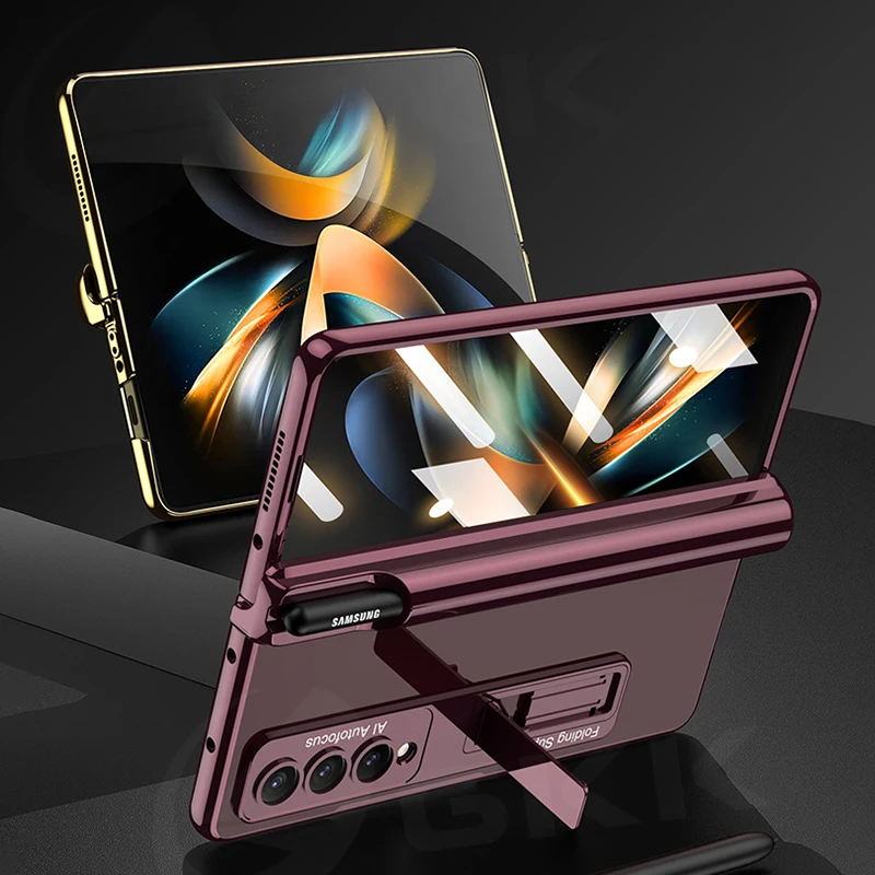 Electroplated Magnetic Hinge Pen Holder Case For Samsung Galaxy Z Fold 5 4 Case With Glass Film Clear Hard Cover For Fold4 Case 1