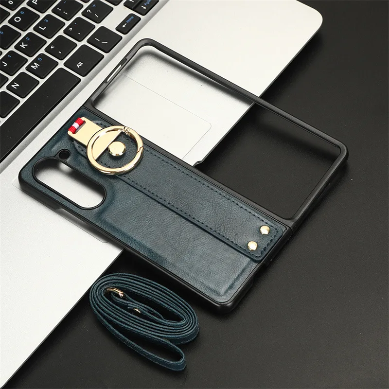 Crossbody Lanyard Phone Case for Samsung Galaxy Z Fold 5 4 3 2 Fold5 Fold4 Fold3 Fold2 Ring Wrist Strap Leather Protective Cover 1