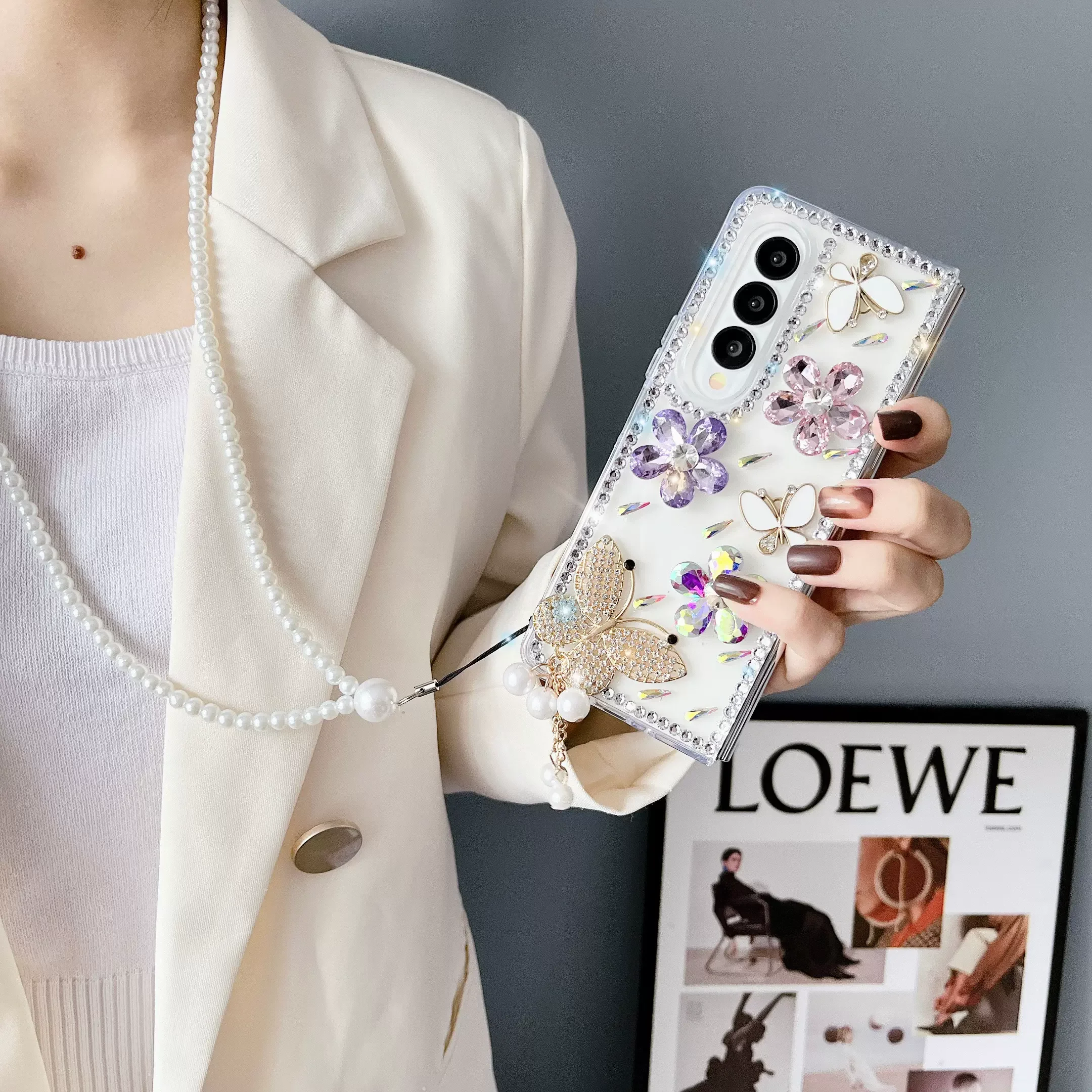 For Samsung Galaxy Z Fold 4 Z Fold 3 Z Fold 2 DIY DIY Diamond Tower Butterfly Pearls Rope Transparent Mobile Phone Case Cover 1