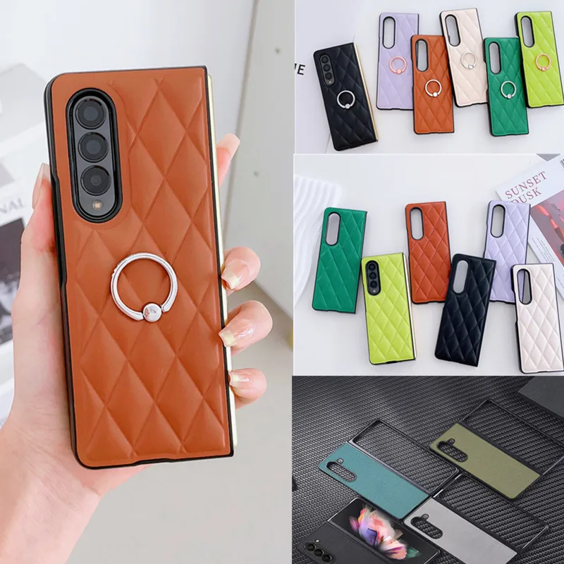 Korean Rhombic Ring Holder Stand Leather Case For Samsung Galaxy Z Fold 5 Case For Galaxy Z Fold 4 Cover Z Fold3 Capa Z Fold5 1