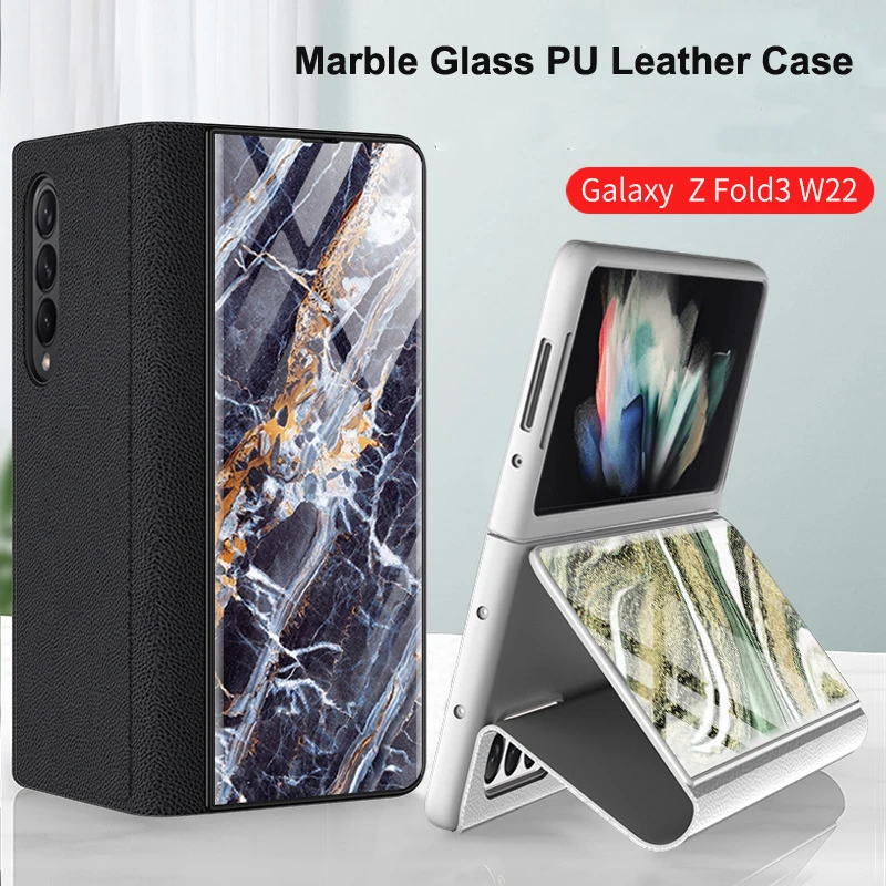 for Samsung Galaxy Z Fold 4 3 5G Case Luxury Marble Glass Leather Flip Cover for Galaxy Z Flold3 Full Protect Kickstand Funda 1