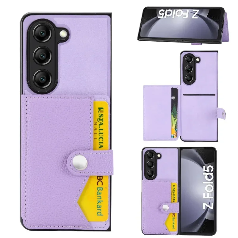 Card Slot Holder Phone Case Samsung Galaxy Z Fold 5 4 3 Fold5 Fold4 Fold3 5G Wallet Hard Plastic Lychee Pattern PU Leather Cover 1