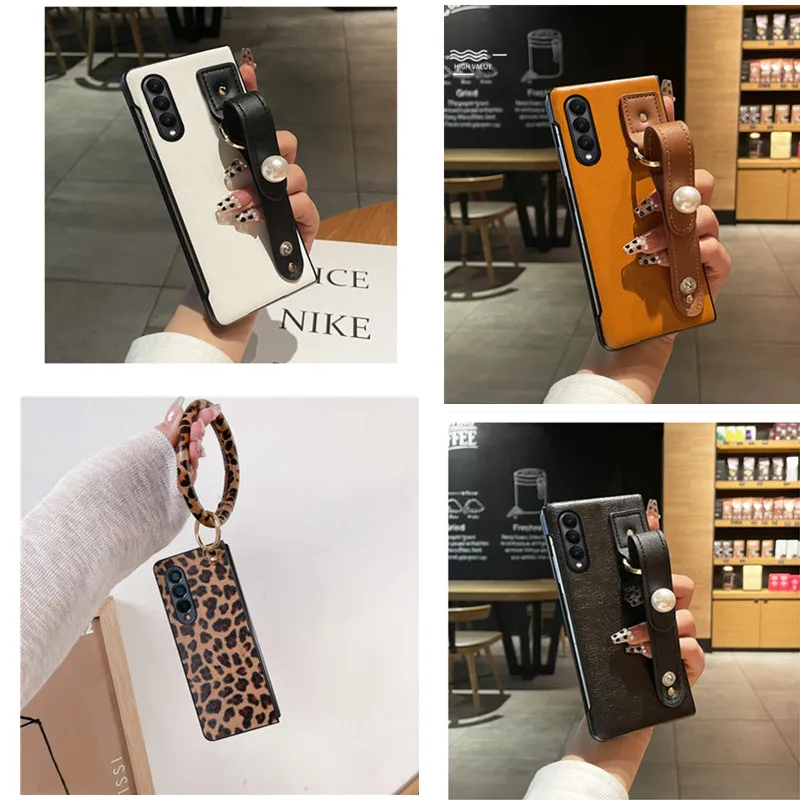 DIY Luxury Leopard Print Bracelet Pearl Strap Leather Case For Samsung Galaxy Z Fold4 Case for Galaxy Z Fold 5 Case Z Fold 3 2 1 1