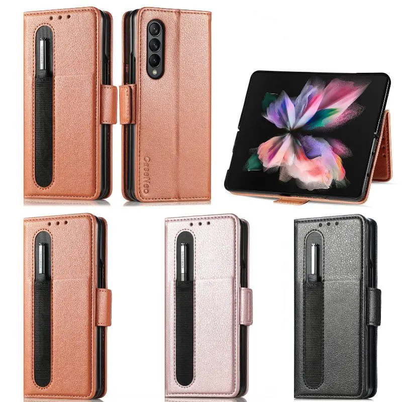 Leather Folding Wallet Phone Case For Samsung Z Fold 5 4 3 Phone Cover Magnetic Flip Phone Cover With Pen Holder(Exclude Pen) 1