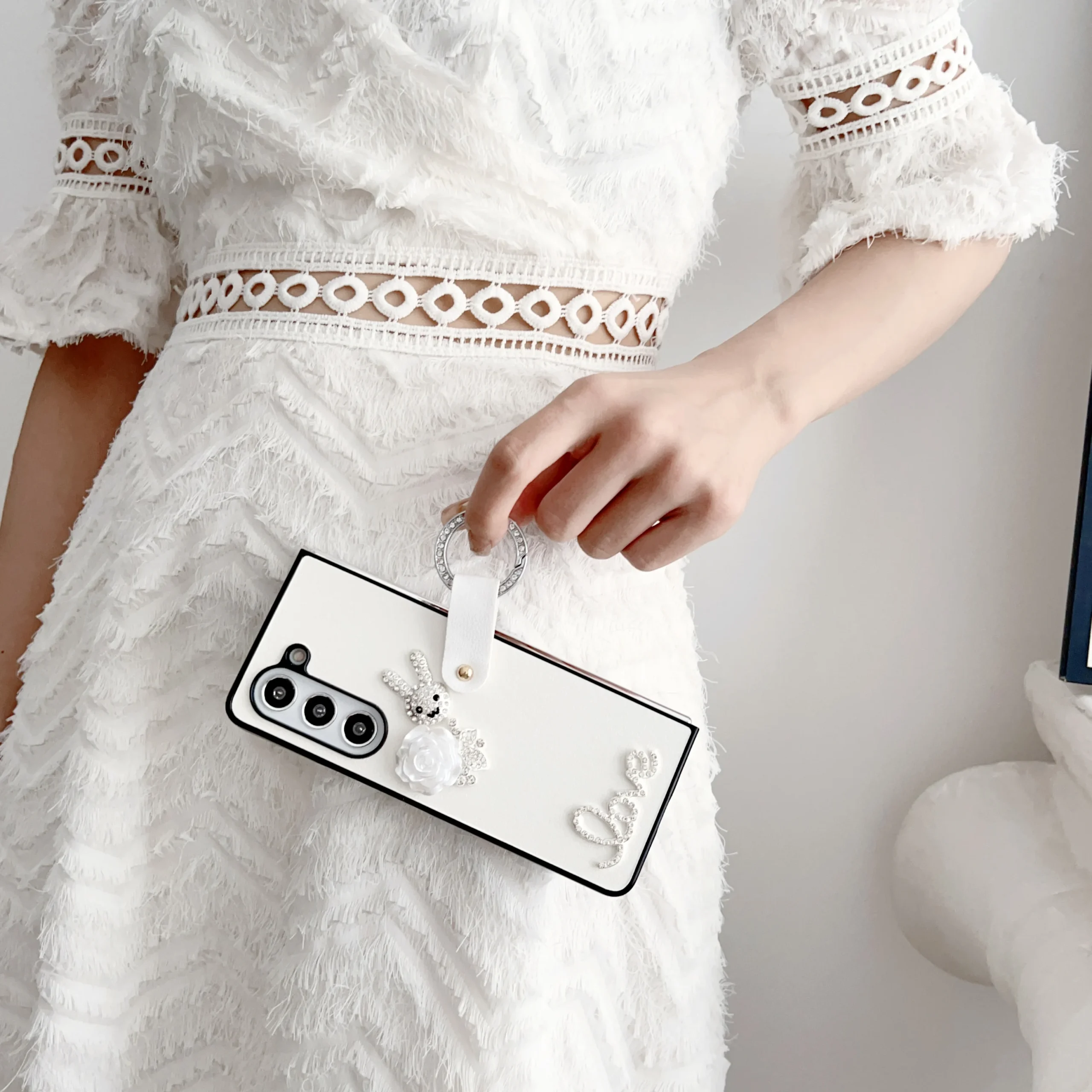 Electroplated Diamond Rabbit Phone Case for Samsung Galaxy Z Fold 5 4 3 Fold5 Fold4 Fold3 5G Ring Hard Shell Protective Cover