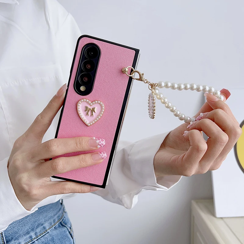 Case For Samsung Galaxy Z Fold 4 Z Fold 3 DIY Bow Heart Pearl Pendant Hard Mobile Phone Case Cover 1