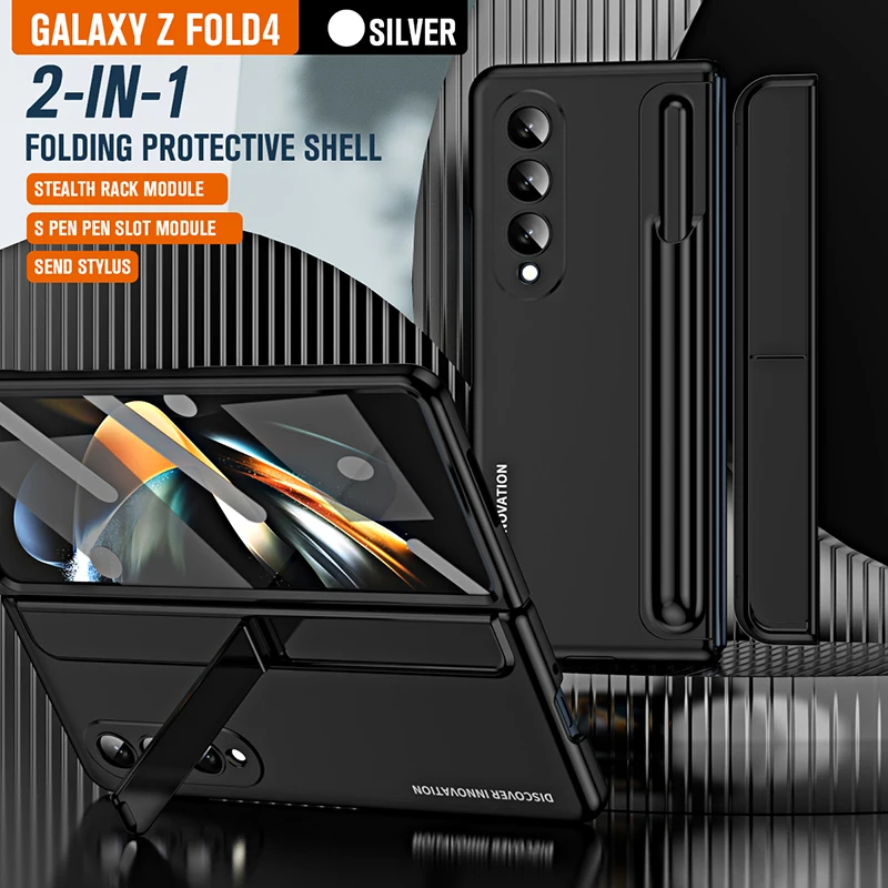 For Samsung Galaxy Z Fold 4 Z Fold 3 Folding Hinge Bracket Gold Armor Pen Slot 360° All Inclusive Hard Mobile Phone Case Cover 1