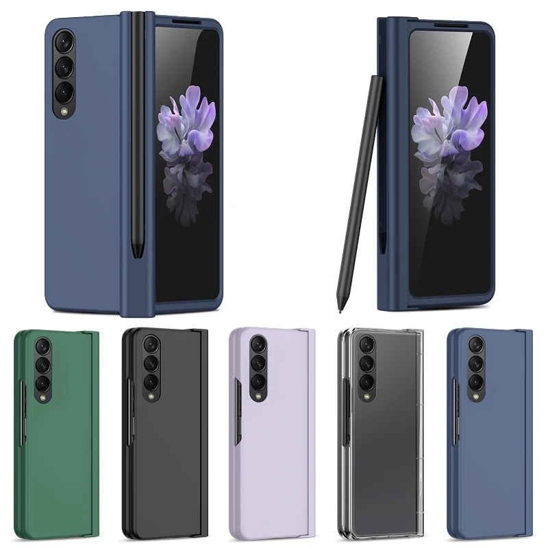 Solid Color Flip Cover For Samsung Galaxy Z Fold5 4 3 Full Protection Fold Phone Case Shell Film With Pen Holder(Exclude Pen