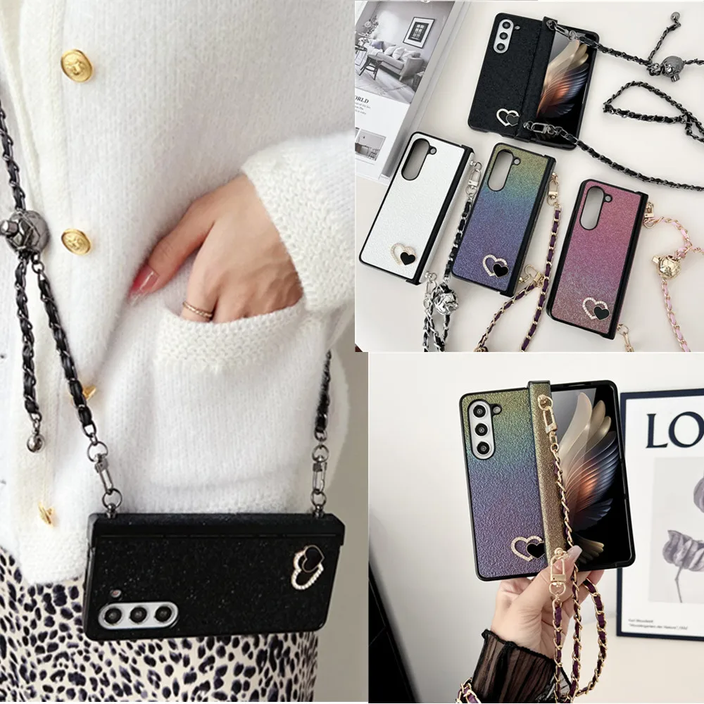Korean Fashion Glitter Long Strap Hinge Case For Samsung Galaxy Z Fold5 Case For Galaxy Z Fold4 Cover Z Fold3 Capa Z Fold 5 Case 1